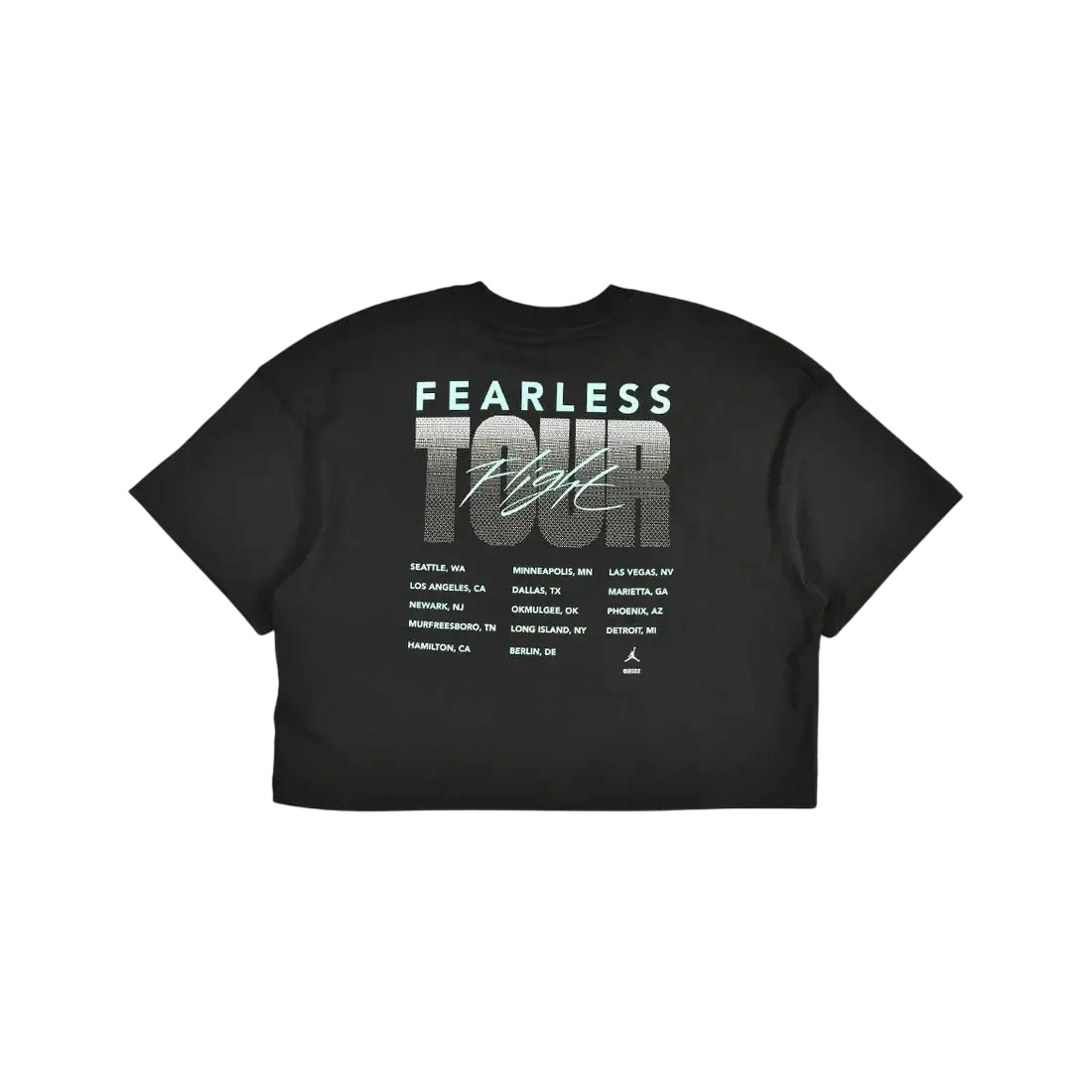 Women’s jordan fearless tour boxy crew tee black with bold silver and white fearless tour graphic and city list on front