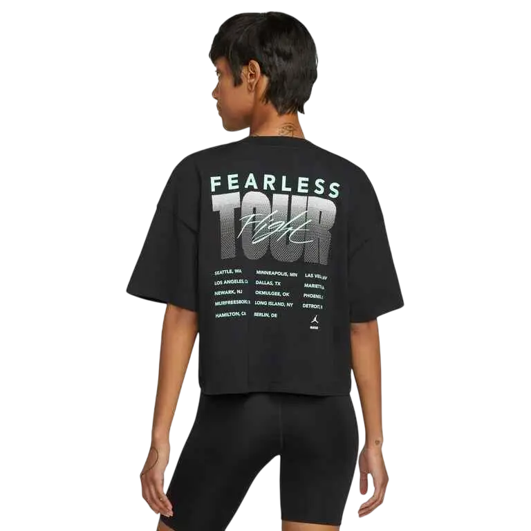 Women’s jordan fearless tour boxy crew tee in black with short sleeves and silver gradient city tour stops on back
