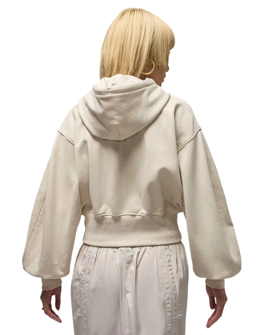 Women’s Jordan Flight fleece cropped hoodie in cream color with bell sleeves ribbed hem and satin lining