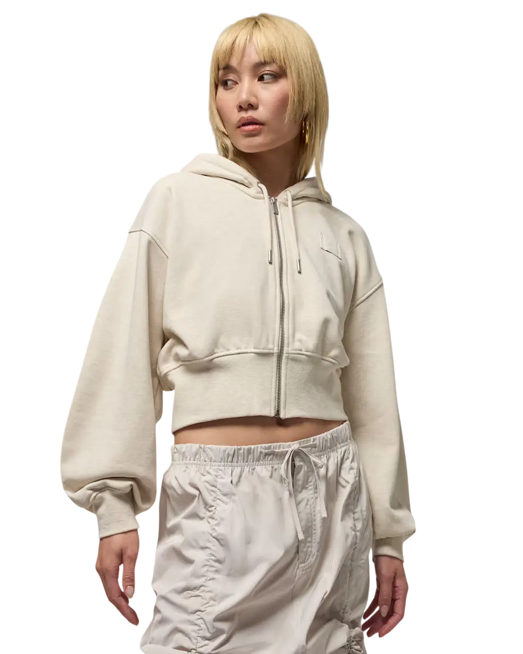 Cream-colored women’s Jordan Flight fleece cropped hoodie with front zipper drawstring hood and satin lining