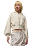 Cream-colored women’s Jordan Flight fleece cropped hoodie with front zipper drawstring hood and satin lining