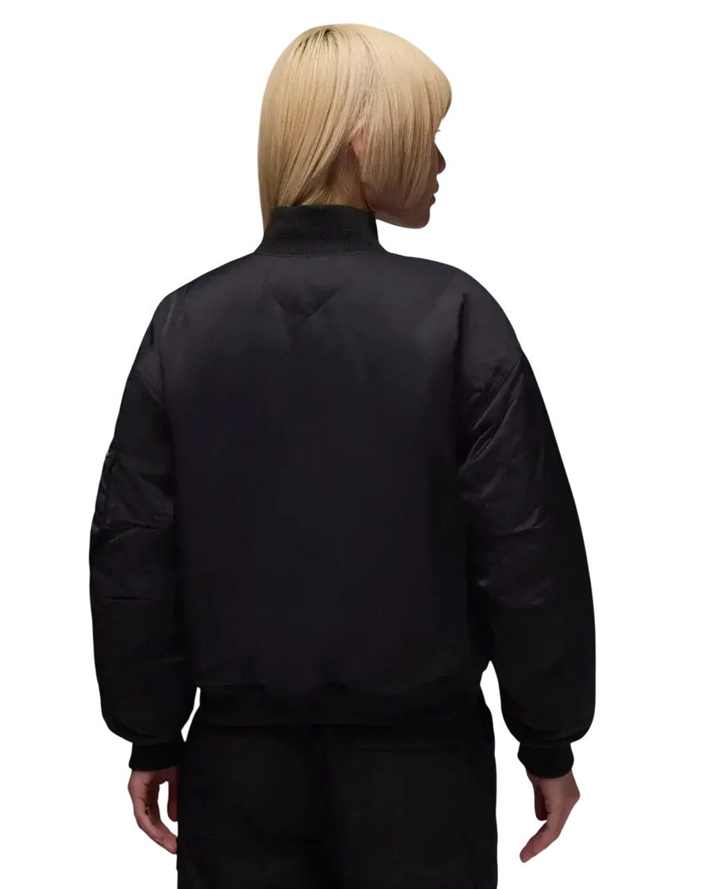 Women’s Jordan Flight Renegade bomber jacket in black with a matte finish and subtle stitching details