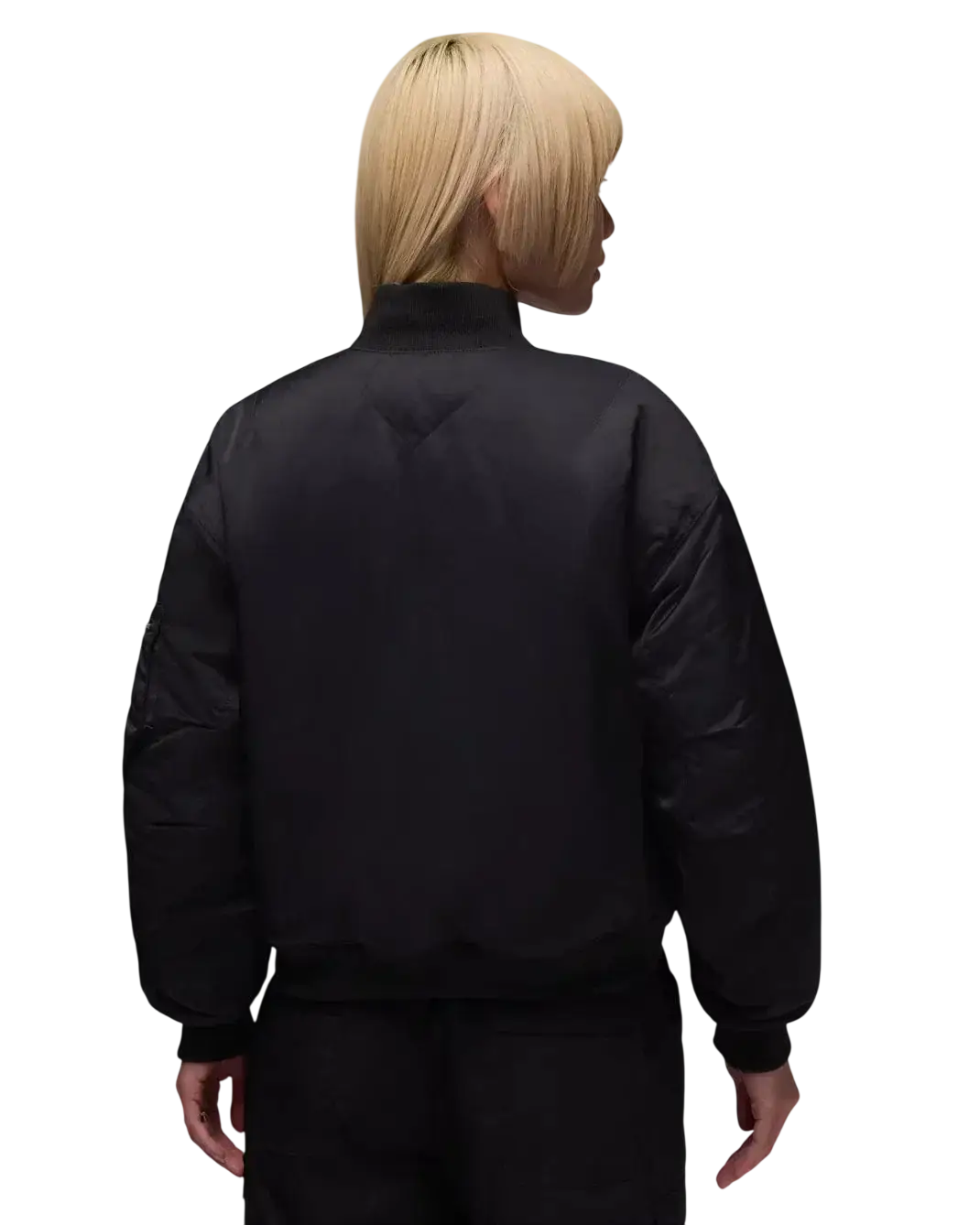 Women’s Jordan Flight Renegade bomber jacket in black with a matte finish and subtle stitching details
