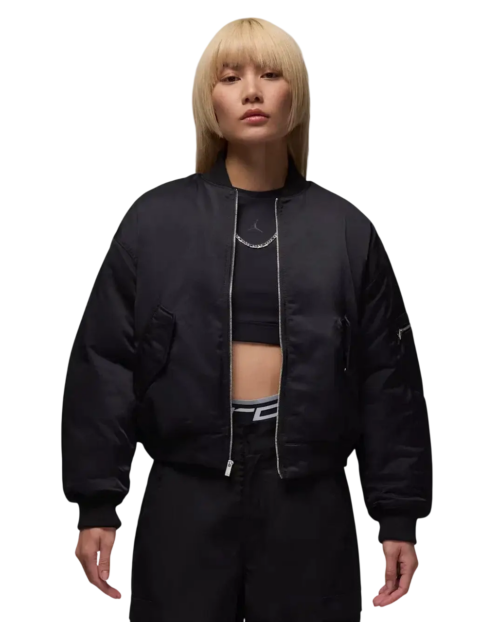 Women’s Jordan Flight Renegade black puffer bomber jacket with silver zipper and subtle sleeve logo designed for warmth and style