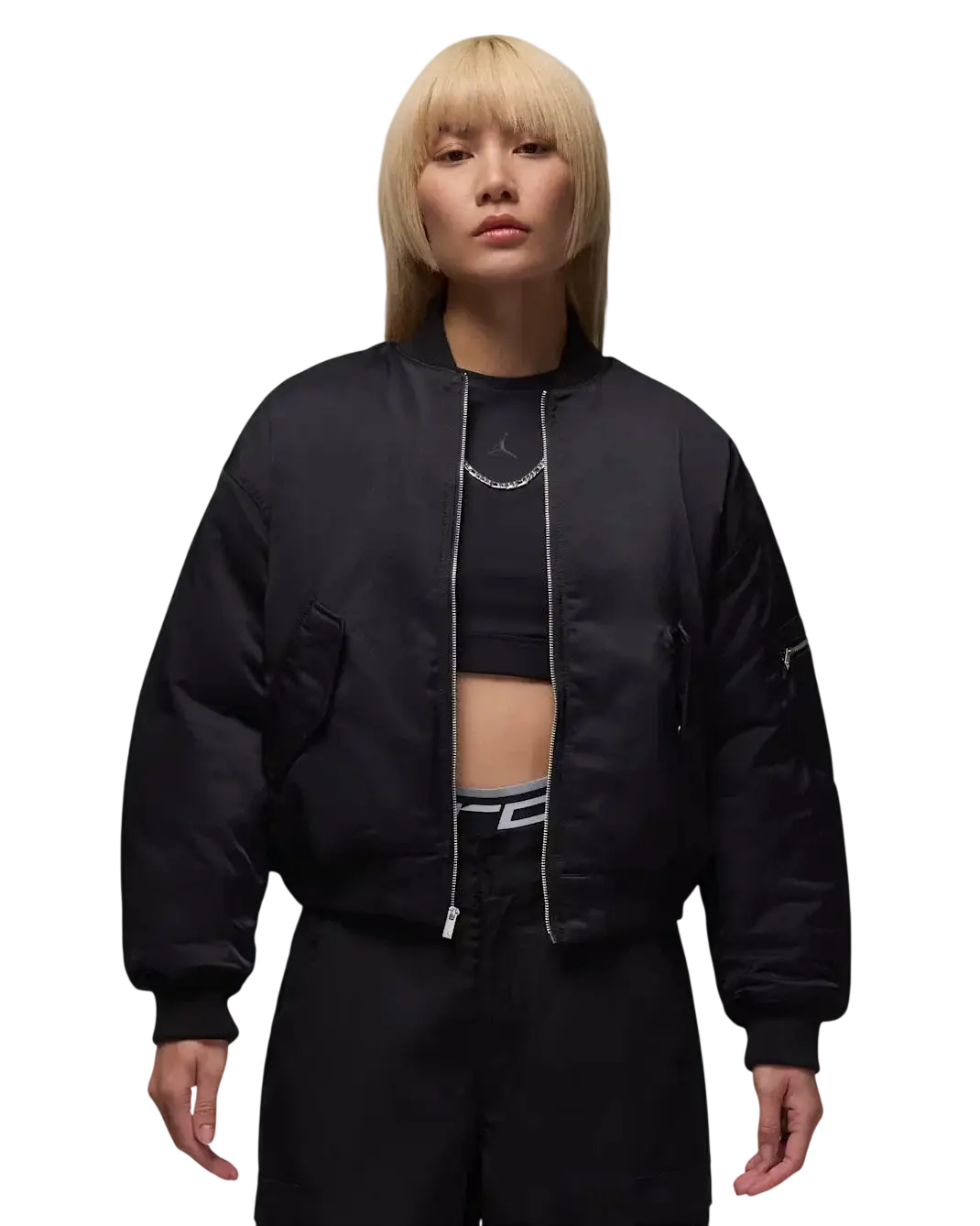 Women’s Jordan Flight Renegade black puffer bomber jacket with silver zipper and subtle sleeve logo designed for warmth and style