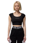 Women’s Jordan sport crop top in black with white Jordan branding on the waistband for athletic wear