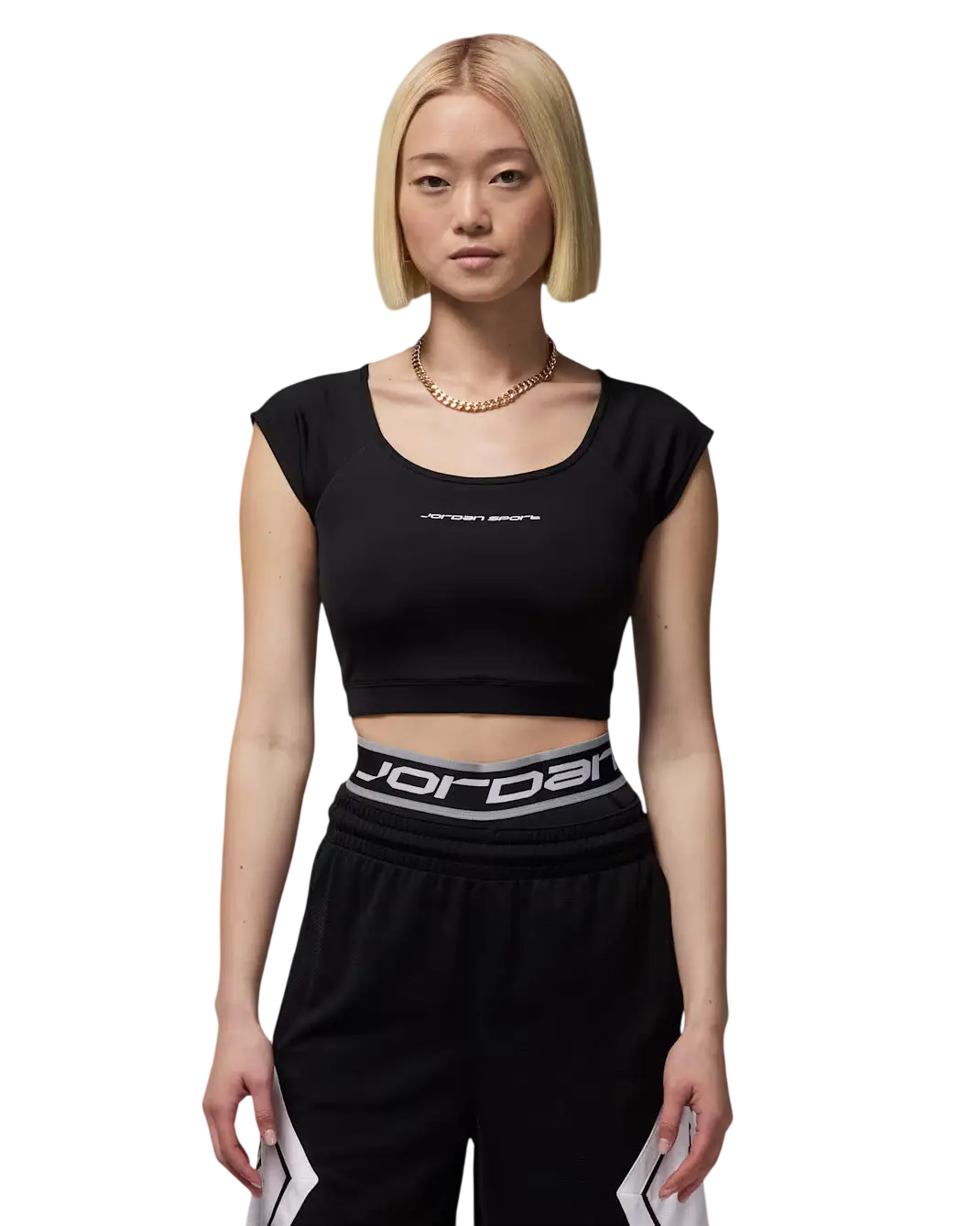 Women’s Jordan sport crop top in black with white Jordan branding on the waistband for athletic wear