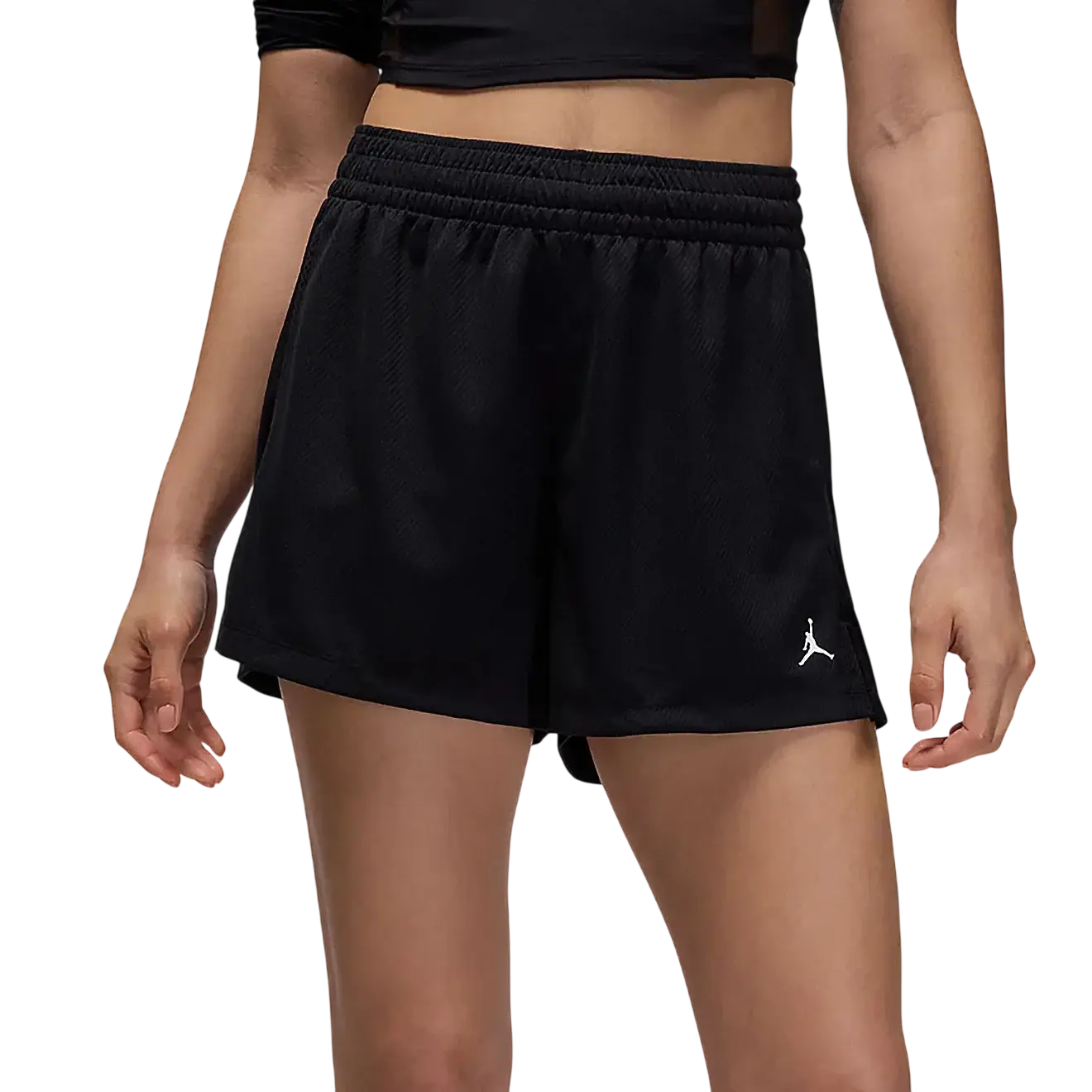 Women’s jordan sport mesh shorts black with white jumpman logo on lower right leg made of breathable mesh fabric