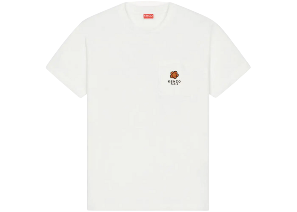 White women’s Kenzo Boke Crest pocket t-shirt featuring a small embroidered tiger logo and brand text on the chest