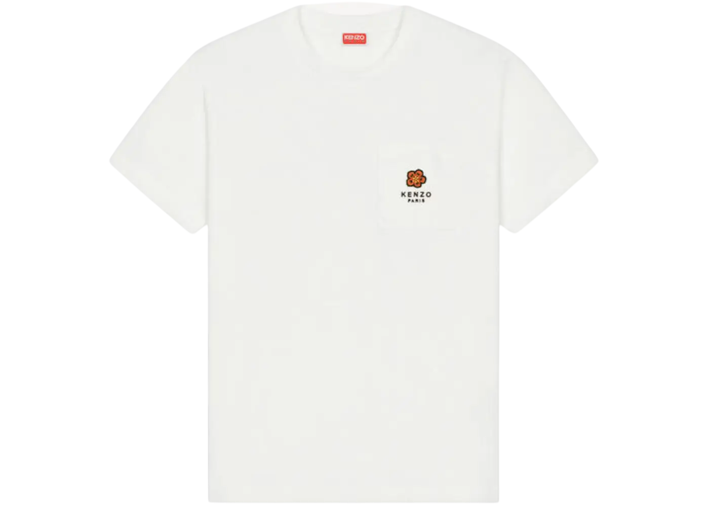 White women’s Kenzo Boke Crest pocket t-shirt featuring a small embroidered tiger logo and brand text on the chest