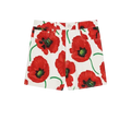 White women’s kenzo poppy shorts featuring vibrant red poppy floral pattern with green stems and dark centers