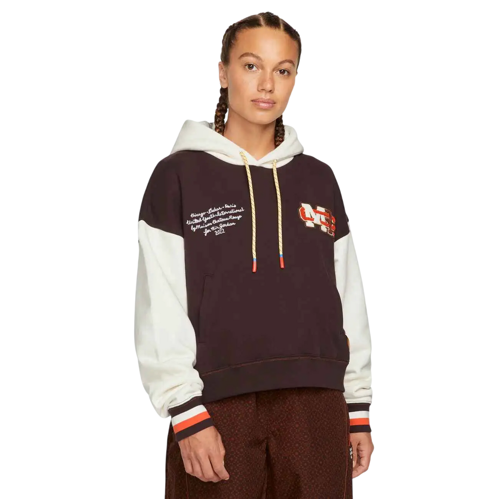 Women’s maison chateau rouge x jordan pullover brown basalt hoodie with dark brown white varsity style and embroidered logo