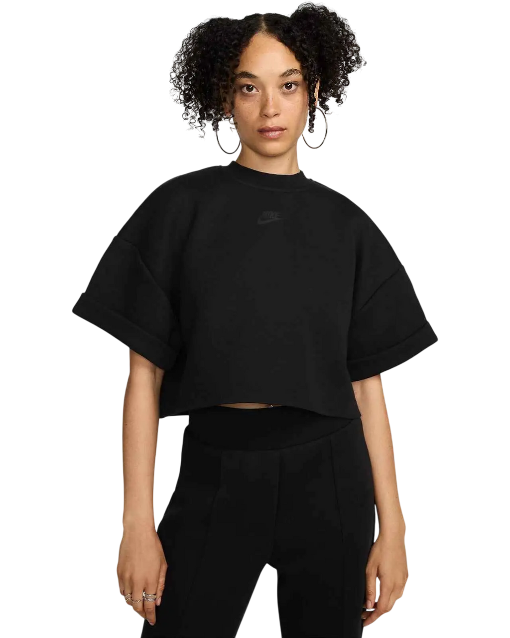 Women’s nike sportswear fleece oversized black cropped sweatshirt with short sleeves and subtle chest logo
