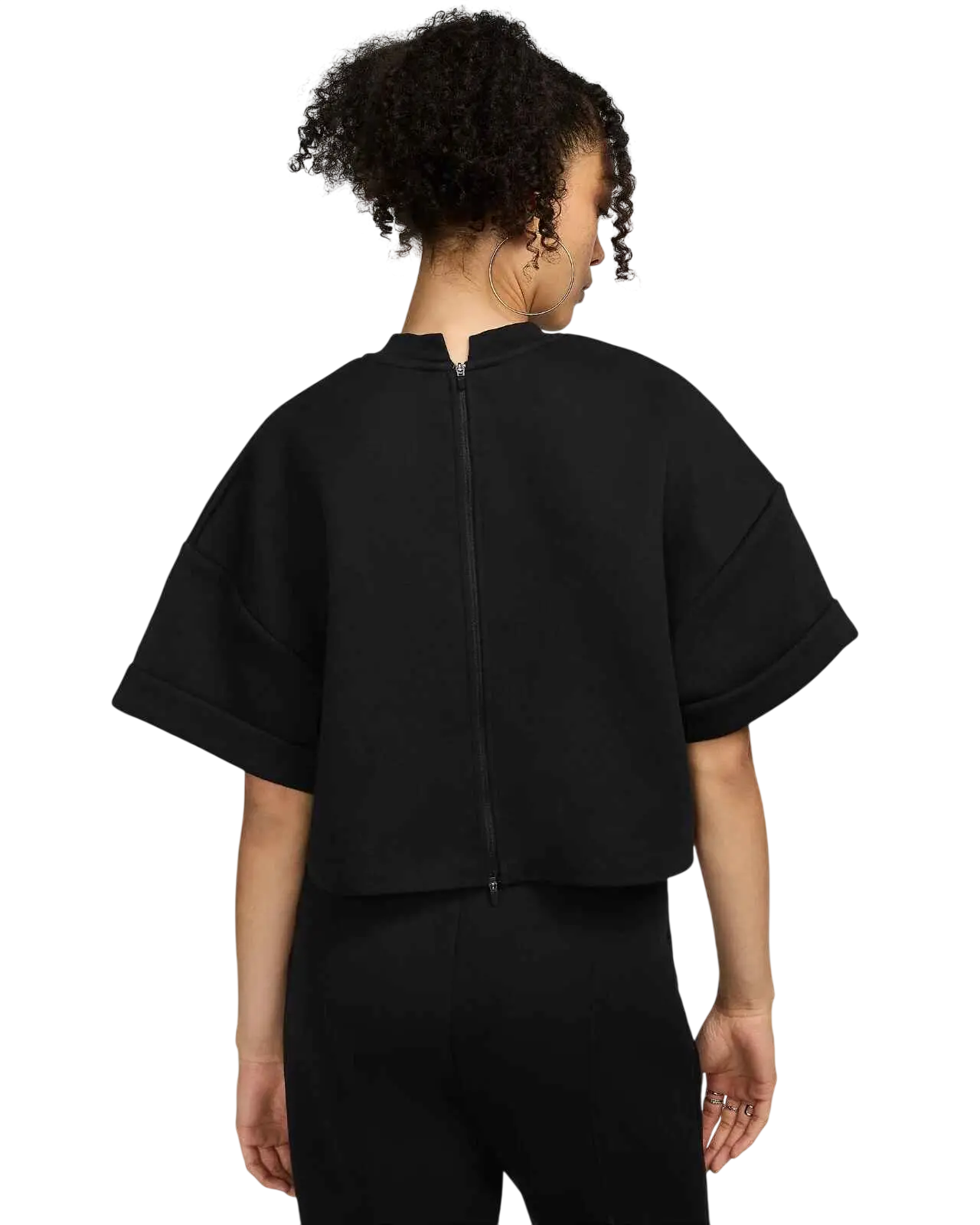 Women’s Nike sportswear fleece black cropped top with short sleeves and back zipper shown from the back side