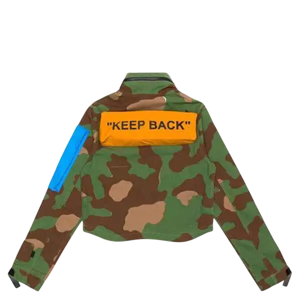Camouflage jacket with a bright orange ’keep back’ patch and blue sleeve detail.