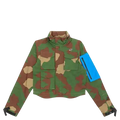 Women’s Nike x Off White NRG camouflage jacket in green and brown with a bright blue zippered patch on the left sleeve