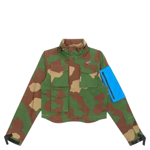 Women’s Nike x Off White NRG camouflage jacket in green and brown with a bright blue zippered patch on the left sleeve