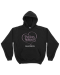 Black women’s hoodie by Online Ceramics featuring a white heart logo with precious moments text