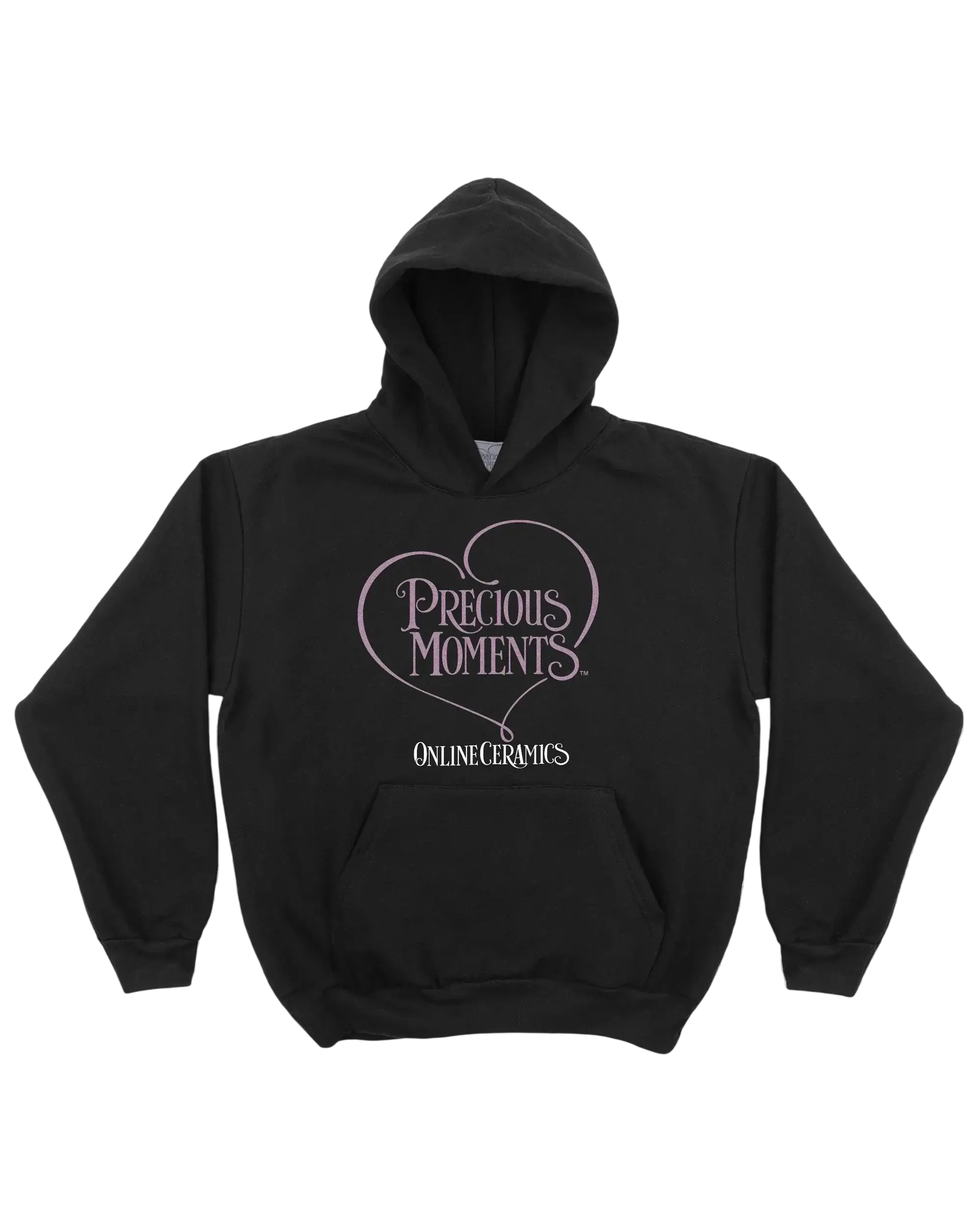 Black women’s hoodie by Online Ceramics featuring a white heart logo with precious moments text