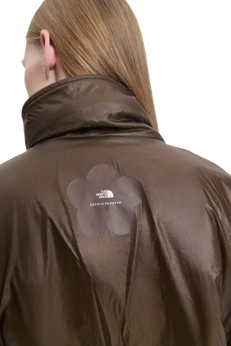Women’s the north face x cecile bahnsen brown puffer jacket with subtle sheen and white logo patch on front