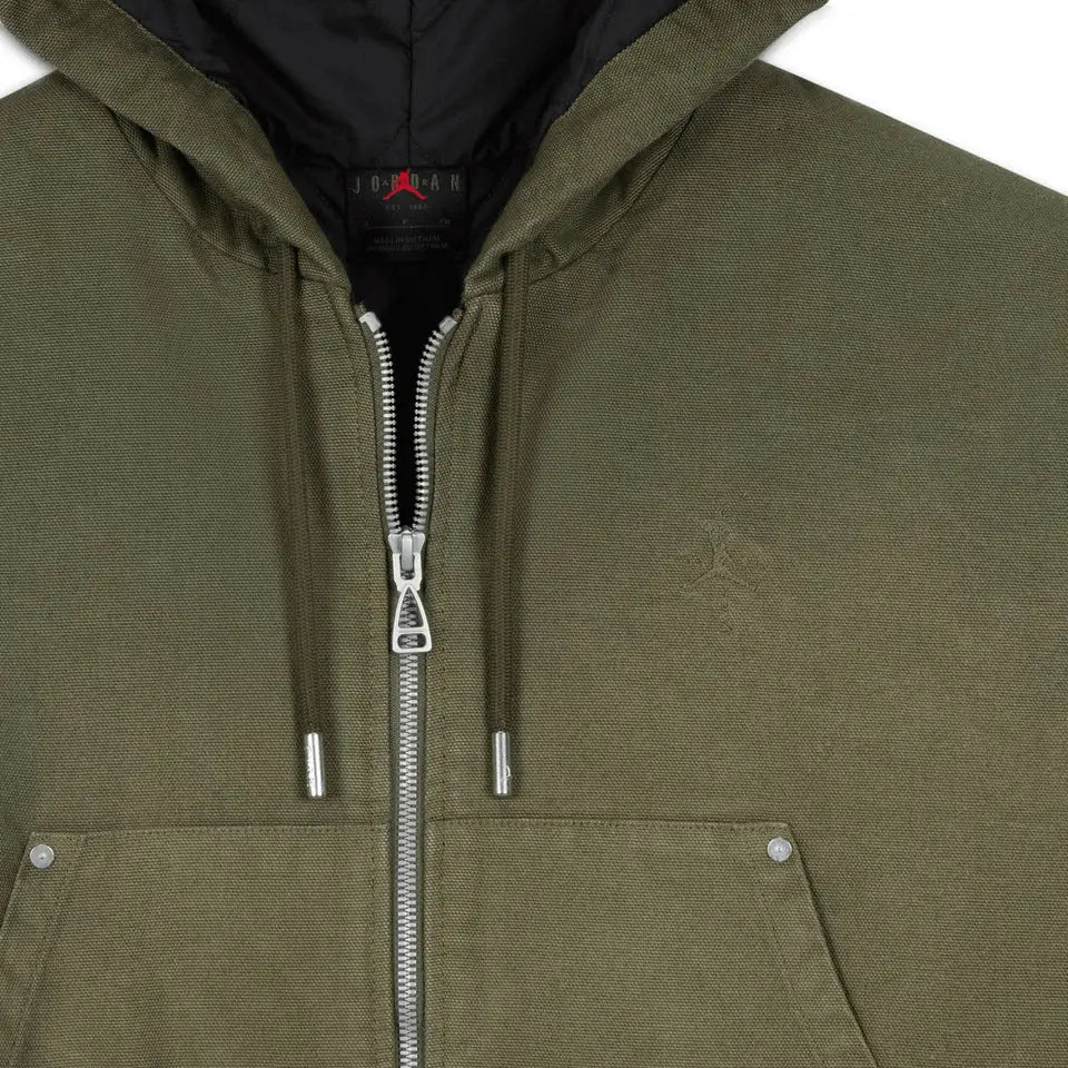 Women’s travis scott x nike olive green canvas zip-up hoodie with black lining and silver zipper hardware