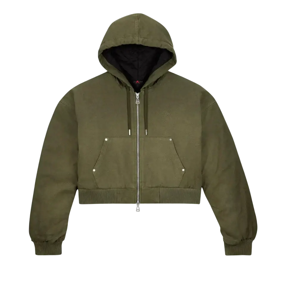 Women’s travis scott x nike hooded canvas jacket in olive green with black interior lining and ribbed cuffs
