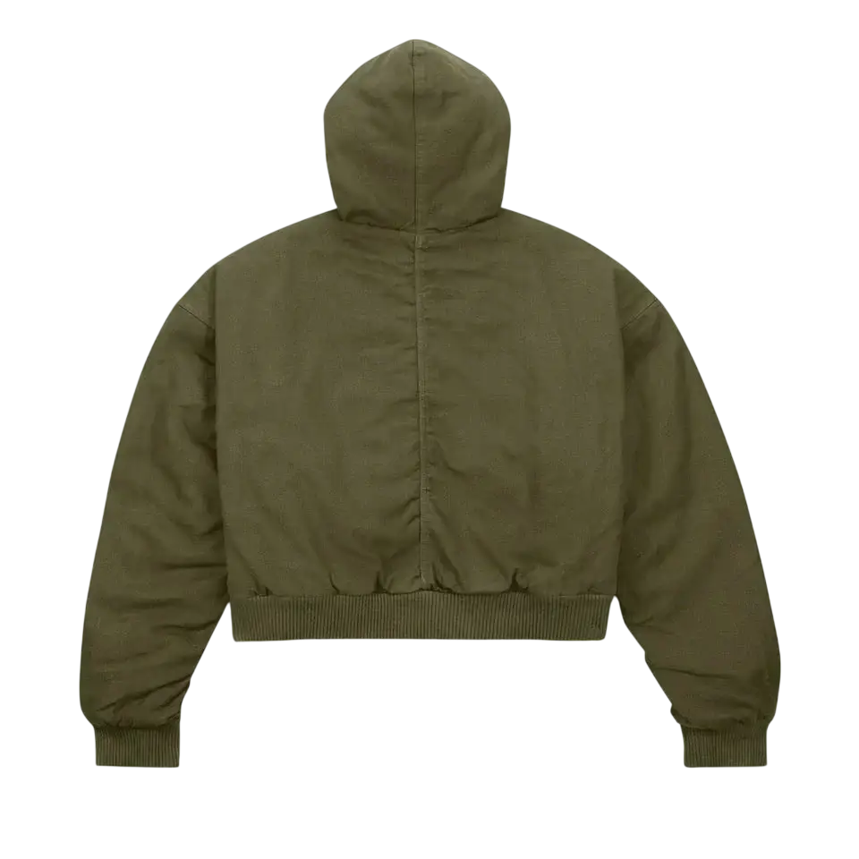 Women’s Travis Scott x Nike olive green hooded bomber jacket with ribbed cuffs and hem in canvas material