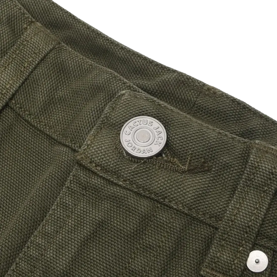 Women’s travis scott x nike khaki cargo olive green denim pants with silver cactus jack jordan circular button