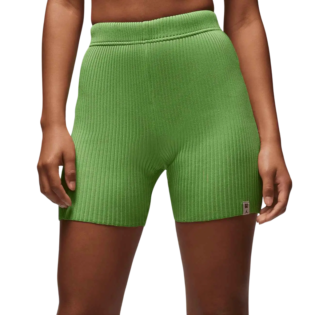 Vibrant lime green ribbed knit bike shorts with high-waisted design and brand tag by women’s union jordan bephies beauty supply