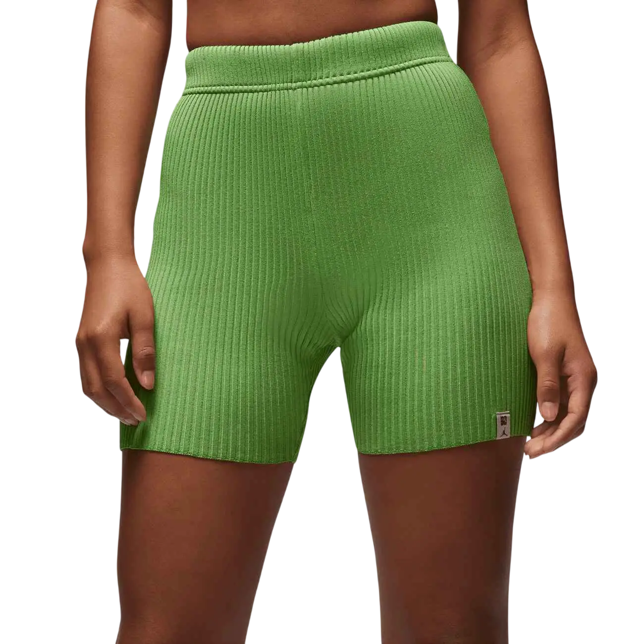 Vibrant lime green ribbed knit bike shorts with high-waisted design and brand tag by women’s union jordan bephies beauty supply