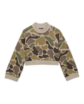Cream-colored knit women’s vans camille camo pullover sweater with olive green and brown camouflage pattern