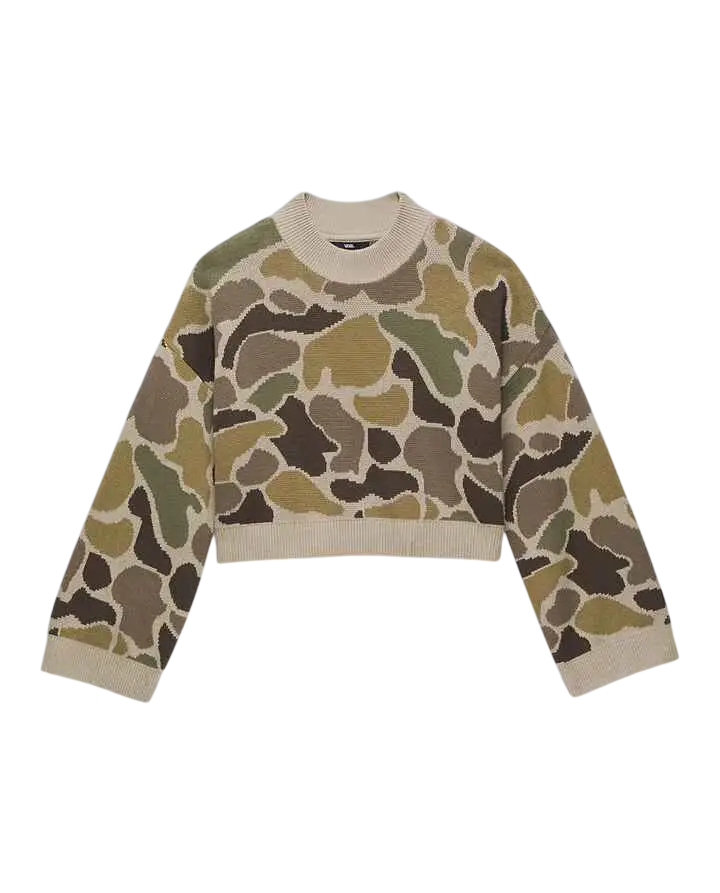 Cream-colored knit women’s vans camille camo pullover sweater with olive green and brown camouflage pattern