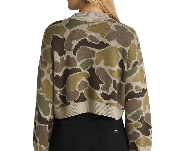 Cropped knitted women’s vans camille camo pullover sweater in olive green brown and beige classic camouflage pattern