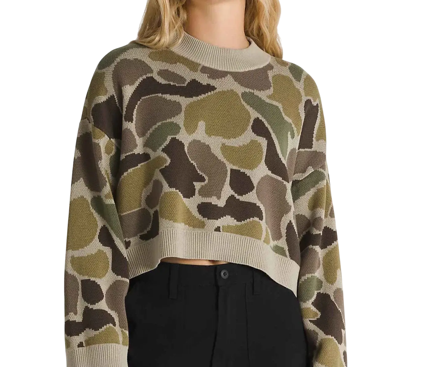 Women’s vans camille camo pullover sweater cropped long-sleeved knit in olive green brown and beige camouflage pattern