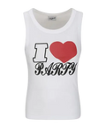 Women’s vaquera party tank top white with bold i heart party graphic in black outline and solid red heart on front