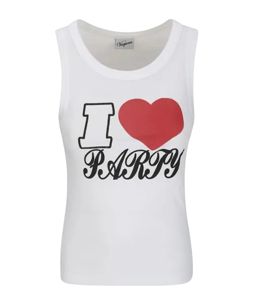 Women’s vaquera party tank top white with bold i heart party graphic in black outline and solid red heart on front