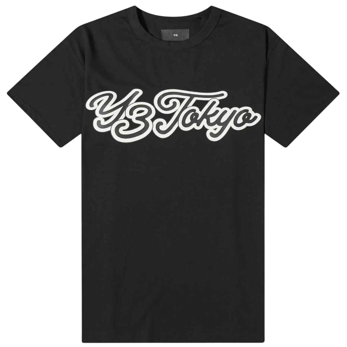 Black y-3 tokyo t-shirt featuring a white cursive logo across the chest in a comfortable short sleeve design